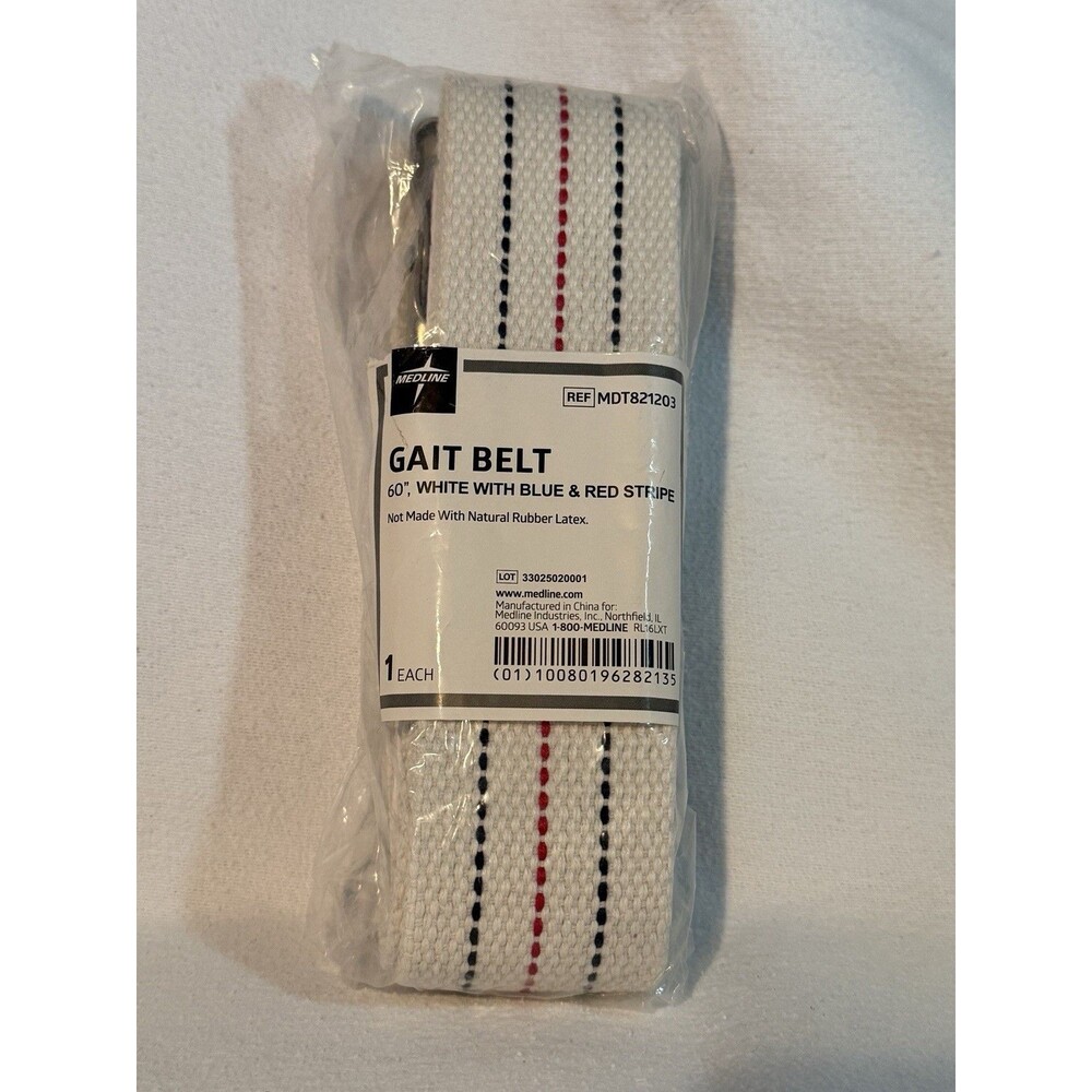 Medline Gait Belt 60" White Blue Red Stripe MDT821203